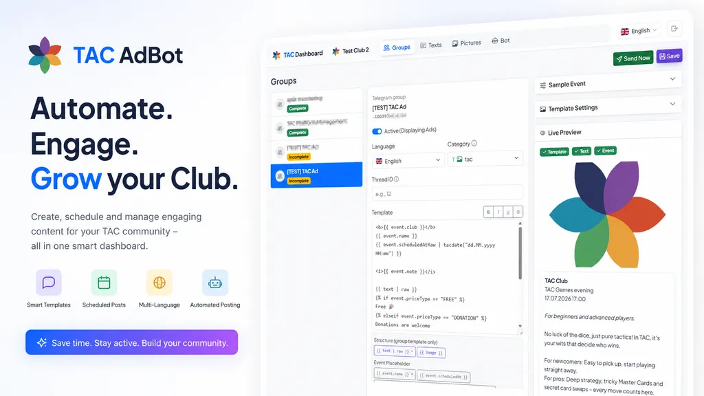 TAC Club-Dashboard mit der Gruppenverwaltung des Werbe-Bots